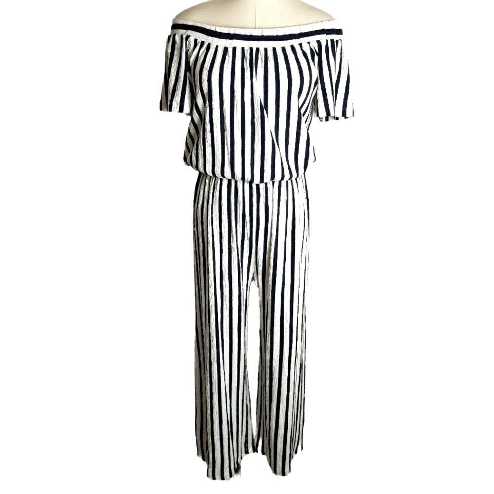 PRIMARK BLACK / CREAM OFF THE SHOULDER JUMPSUIT SIZE 10